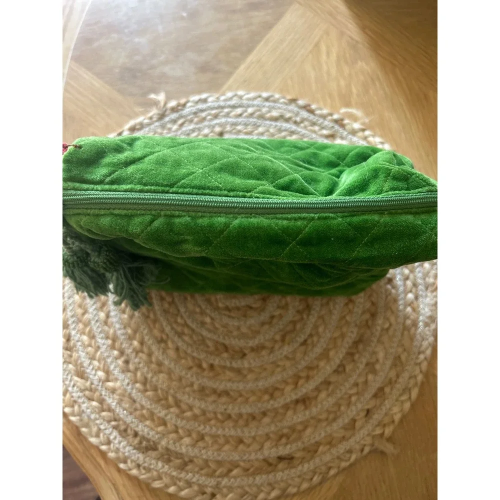 India Quilted Velvet Cosmetic Bag Emerald Green Tassel Makeup Pouch New